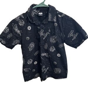 Star Wars Short Slv Button-up Shirt Youth Sz 10-12 Black White All Over Graphic